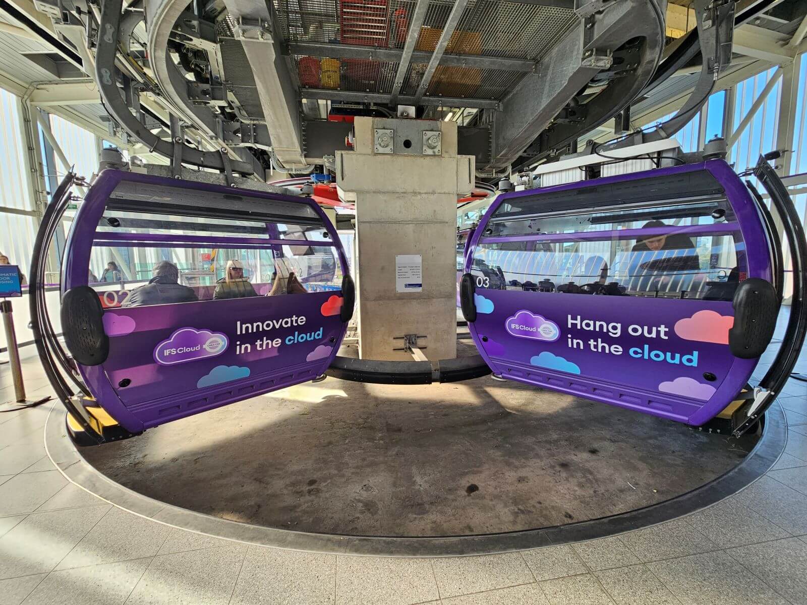 Carriages and docking station at the Thames Cable Cars